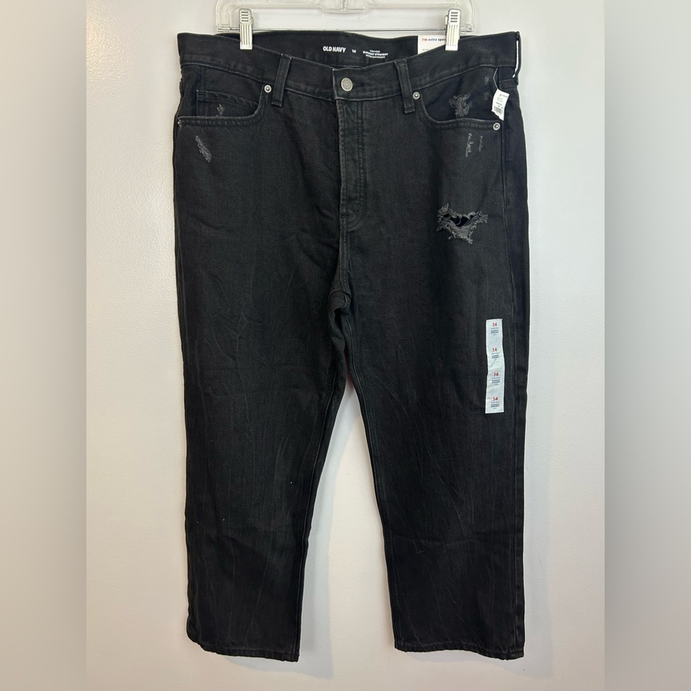 NWT Old Navy Black High Rise Slouchy Straight Distressed Black Denim Jeans Sz 14 - Picture 2 of 11